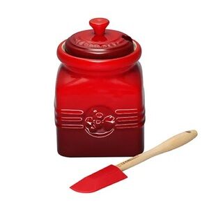 Le Creuset Cerise Stoneware Berry Jam Jar & Spreader - retired item - rare